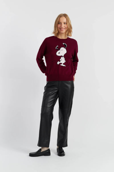 Person wearing a burgundy sweater with a graphic design, black pants, and black shoes on a white background