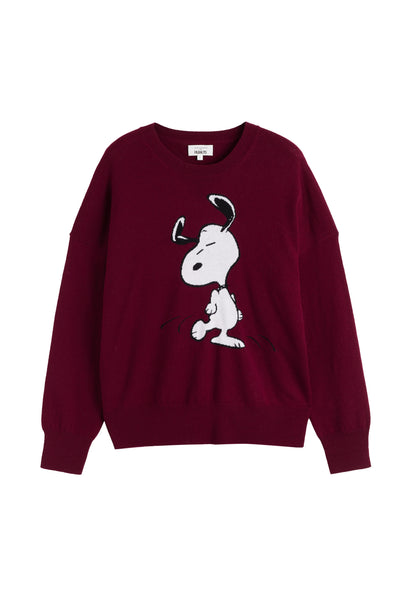 Maroon sweater with a white dog graphic on a white background