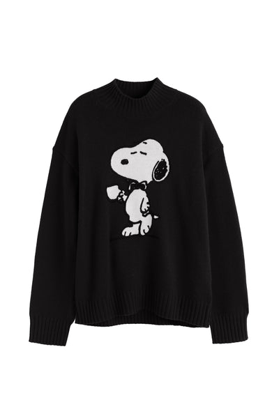Black sweater with a white dog graphic on a white background