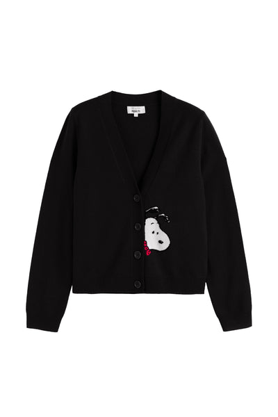 Black cardigan with a snowman design on a white background