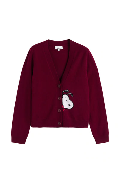 Maroon cardigan with a snowman design on a white background
