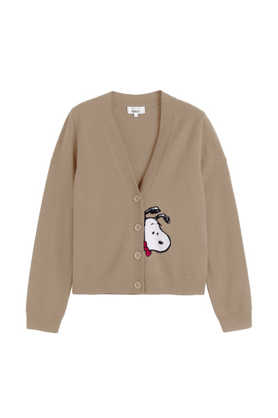 Beige cardigan with a cartoon character patch on a white background