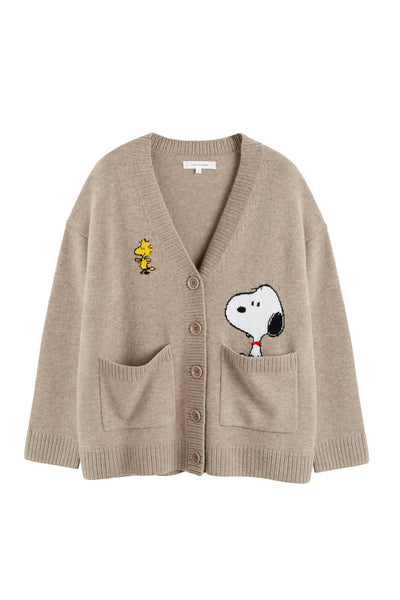 Beige cardigan with embroidered dog designs on a white background