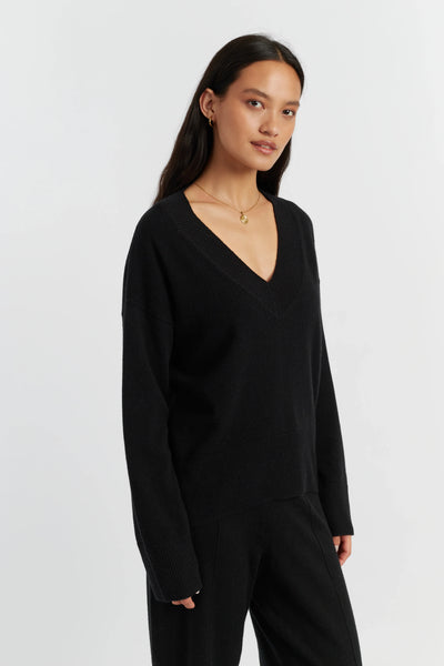 Black Wool-Cashmere V-Neck Sweater