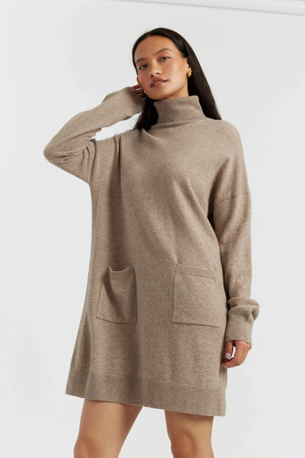Warm-Oatmeal Wool-Cashmere Mini Rollneck Dress