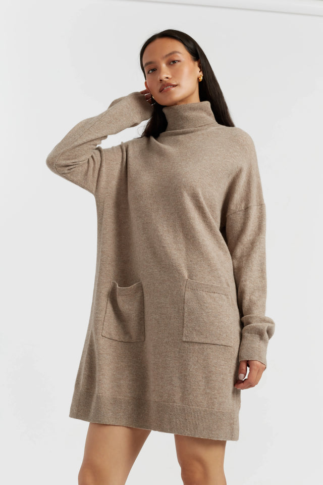 Warm-Oatmeal Wool-Cashmere Mini Rollneck Dress image 1