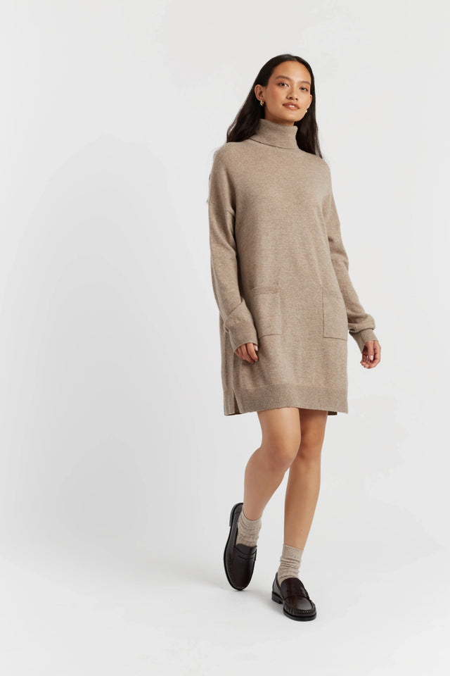 Warm-Oatmeal Wool-Cashmere Mini Rollneck Dress image 2