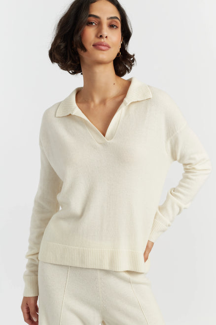 Cream Wool-Cashmere Collared Sweater