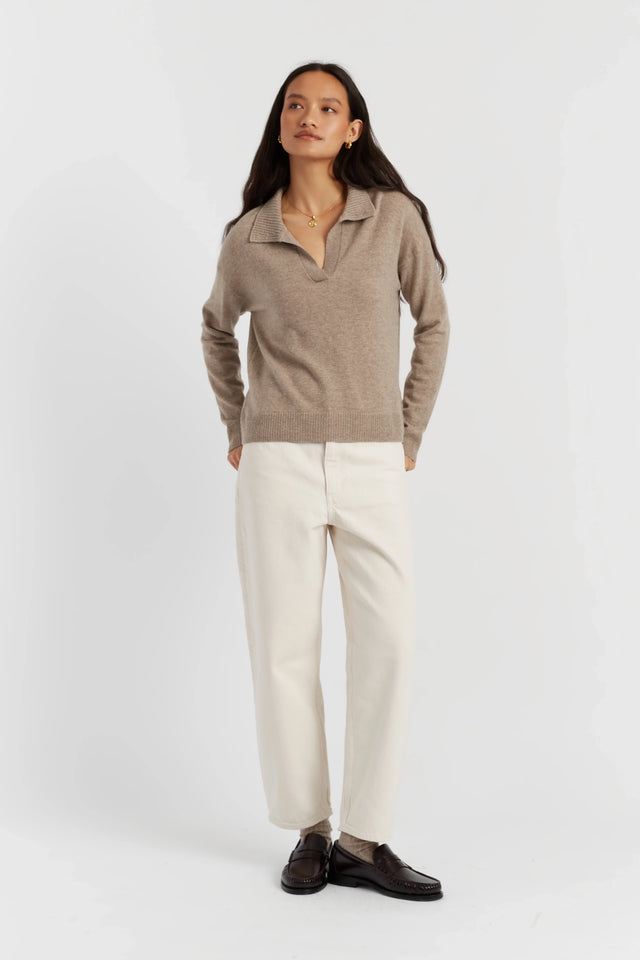 Warm-Oatmeal Wool-Cashmere Collared Sweater image 2