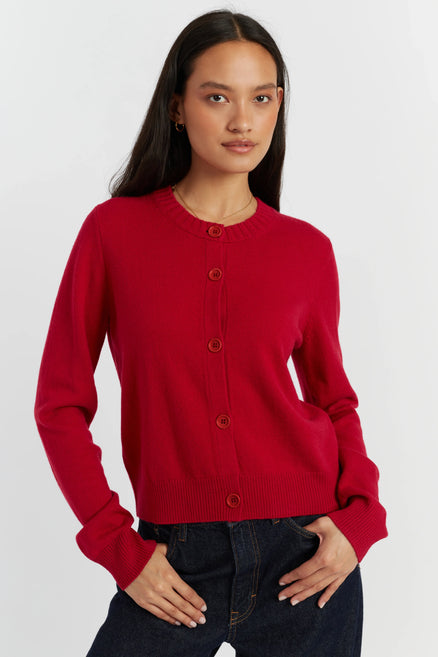 Crimson Wool-Cashmere Crew Neck Cardigan