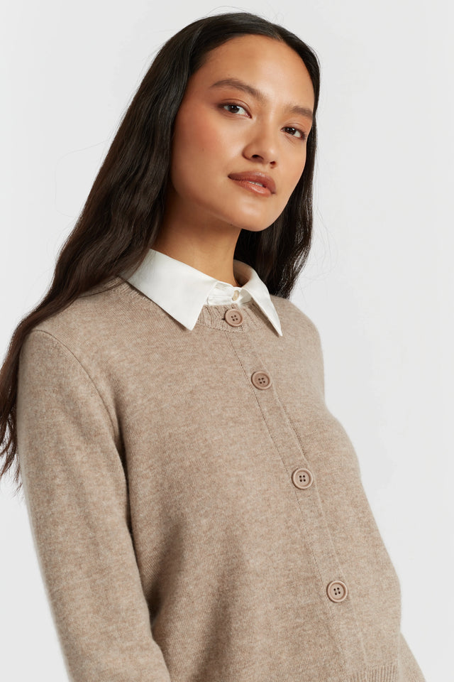 Warm-Oatmeal Wool-Cashmere Crew Neck Cardigan image 1