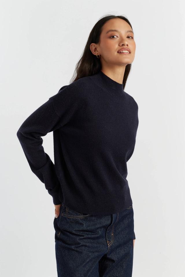 Navy Wool-Cashmere Funnel Neck Sweater image 1