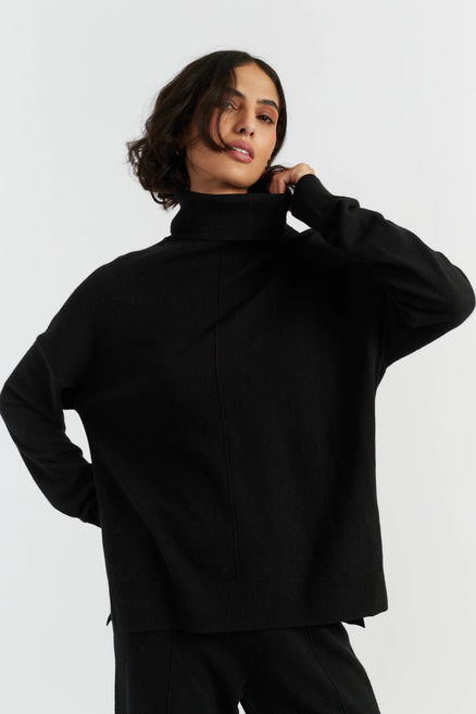 Black Wool-Cashmere Relaxed Rollneck Sweater