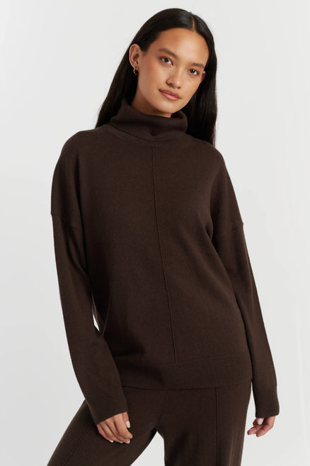 Chocolate Wool-Cashmere Relaxed Rollneck Sweater