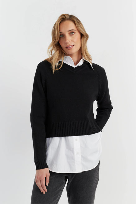 Black Pure Cashmere Cropped V-Neck Sweater