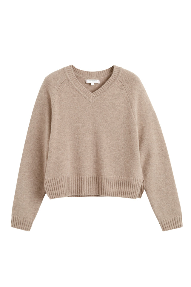 Warm-Oatmeal Pure Cashmere Cropped V-Neck Sweater image 4