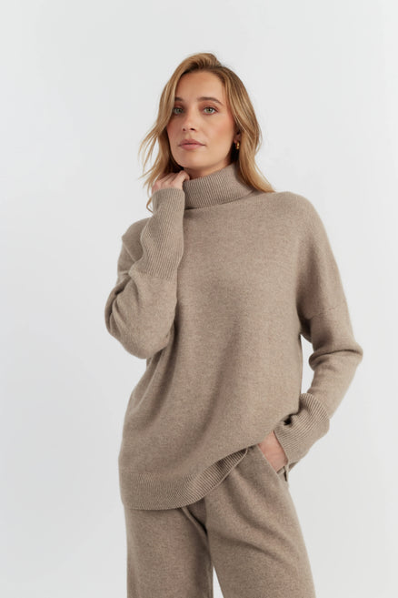 Warm-Oatmeal Pure Cashmere Rollneck Sweater
