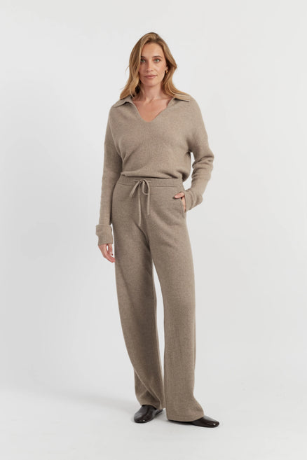 Warm-Oatmeal Pure Cashmere Wide-Leg Pants