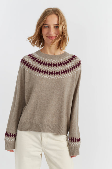 Warm-Oatmeal Wool-Cashmere Fair Isle Sweater
