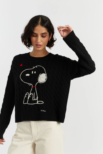 Black Wool-Cashmere Snoopy Cable Sweater
