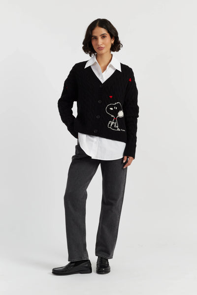 Black Wool-Cashmere Snoopy Cable Cardigan