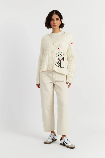 Cream Wool-Cashmere Snoopy Cable Cardigan