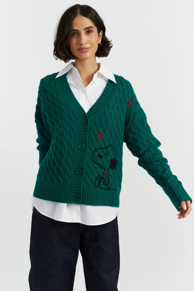 Emerald Wool-Cashmere Snoopy Cable Cardigan image 1