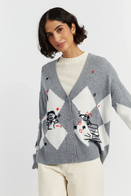 Grey Wool-Cashmere Peanuts Poker Cardigan