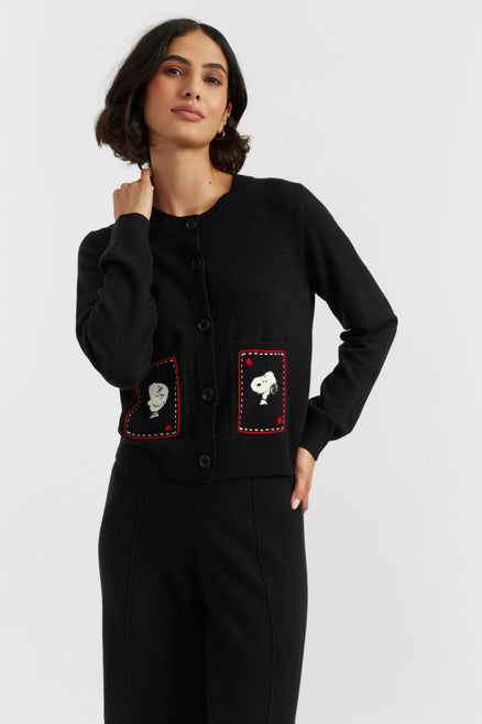 Black Wool-Cashmere Snoopy & Charlie Brown Cardigan