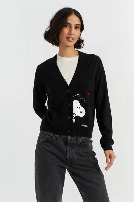 Black Wool-Cashmere Snoopy Peek Cardigan