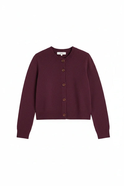 Aubergine Wool-Cashmere Crew Neck Cardigan