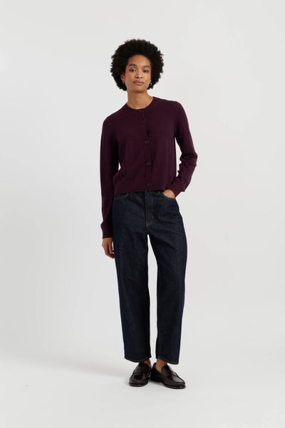 Aubergine Wool-Cashmere Crew Neck Cardigan