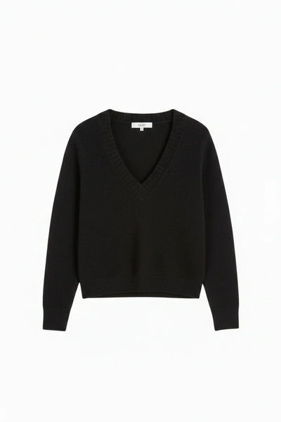 Black Wool-Cashmere Low V-Neck Sweater