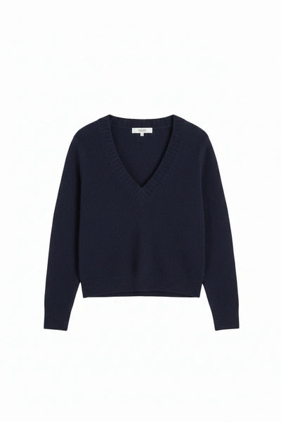 Navy Wool-Cashmere Low V-Neck Sweater