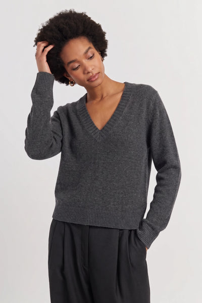 Grey Wool-Cashmere Low V-Neck Sweater