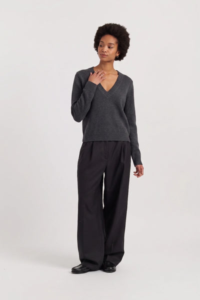 Grey Wool-Cashmere Low V-Neck Sweater
