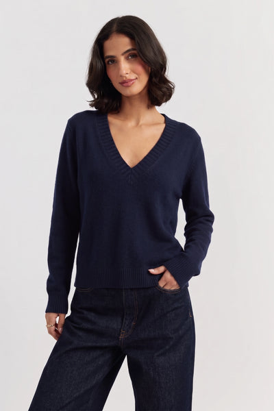 Navy Wool-Cashmere Low V-Neck Sweater