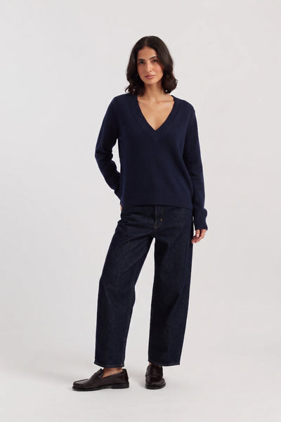 Navy Wool-Cashmere Low V-Neck Sweater