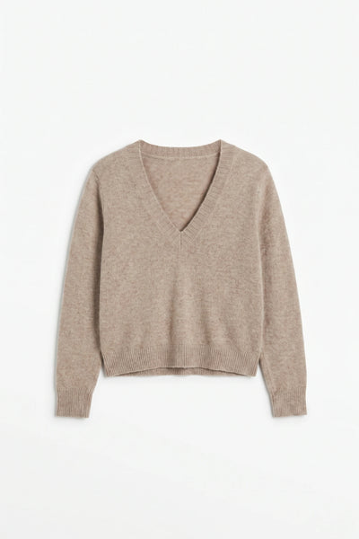 Warm-Oatmeal Wool-Cashmere Low V-Neck Sweater