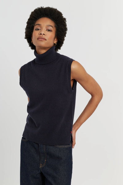 Navy Wool-Cashmere High-Neck Tank