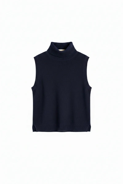 Navy Wool-Cashmere High-Neck Tank