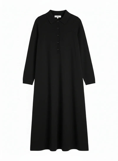 Black Wool-Cashmere A-Line Polo Dress