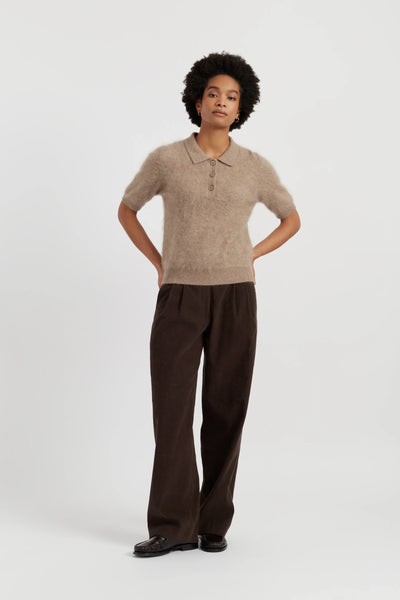 Warm-Oatmeal Brushed Cashmere Polo Tee