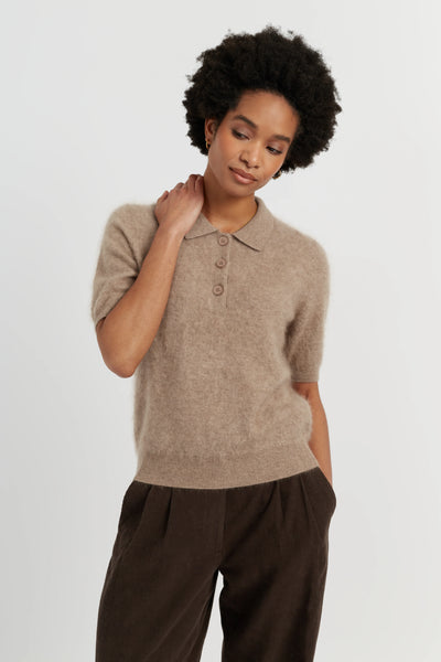 Warm-Oatmeal Brushed Cashmere Polo Tee