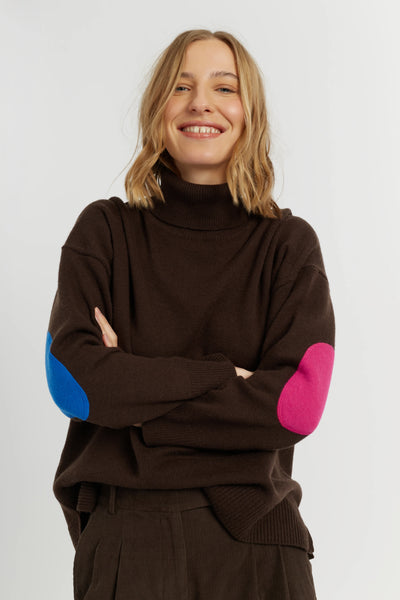 Chocolate Wool-Cashmere Elbow Patch Rollneck Sweater