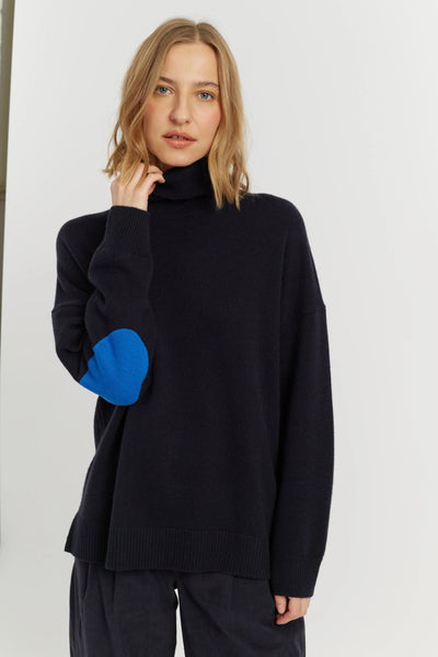 Navy Wool-Cashmere Elbow Patch Rollneck Sweater