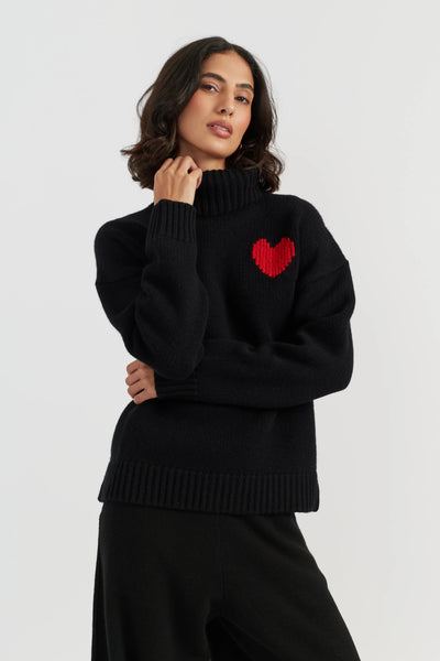 Black-Melange Merino Heart Rollneck Sweater