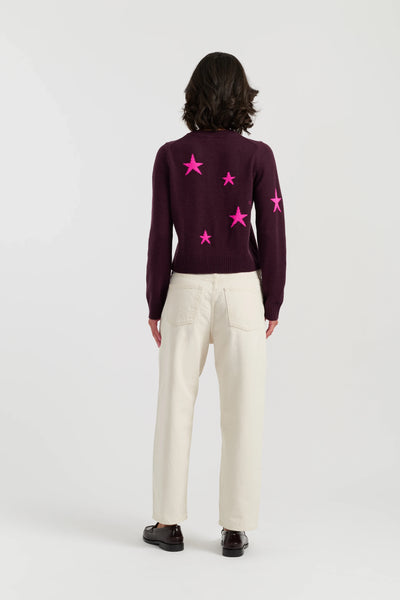 Aubergine Wool-Cashmere Star Round-neck Cardigan