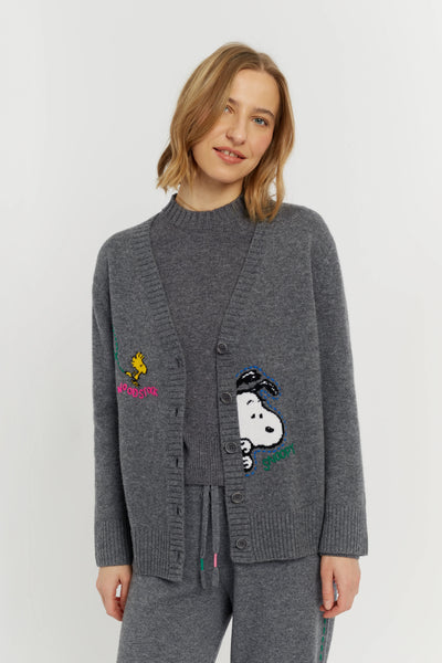 Grey Wool-Cashmere Snoopy Embroidered Cardigan