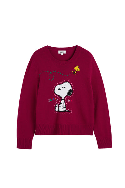 Cherry Wool-Cashmere Snoopy Embroidered Sweater